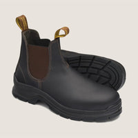 A brown elastic sided safety boot with a steel toe-cap and shank, featuring a side pull tab and a rubber sole.