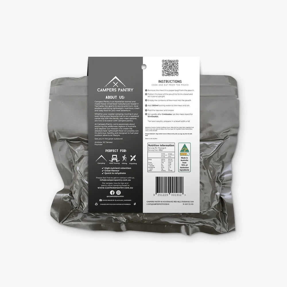 Back view of Campers Pantry Cauliflower And Pea Dahl Expedition packet