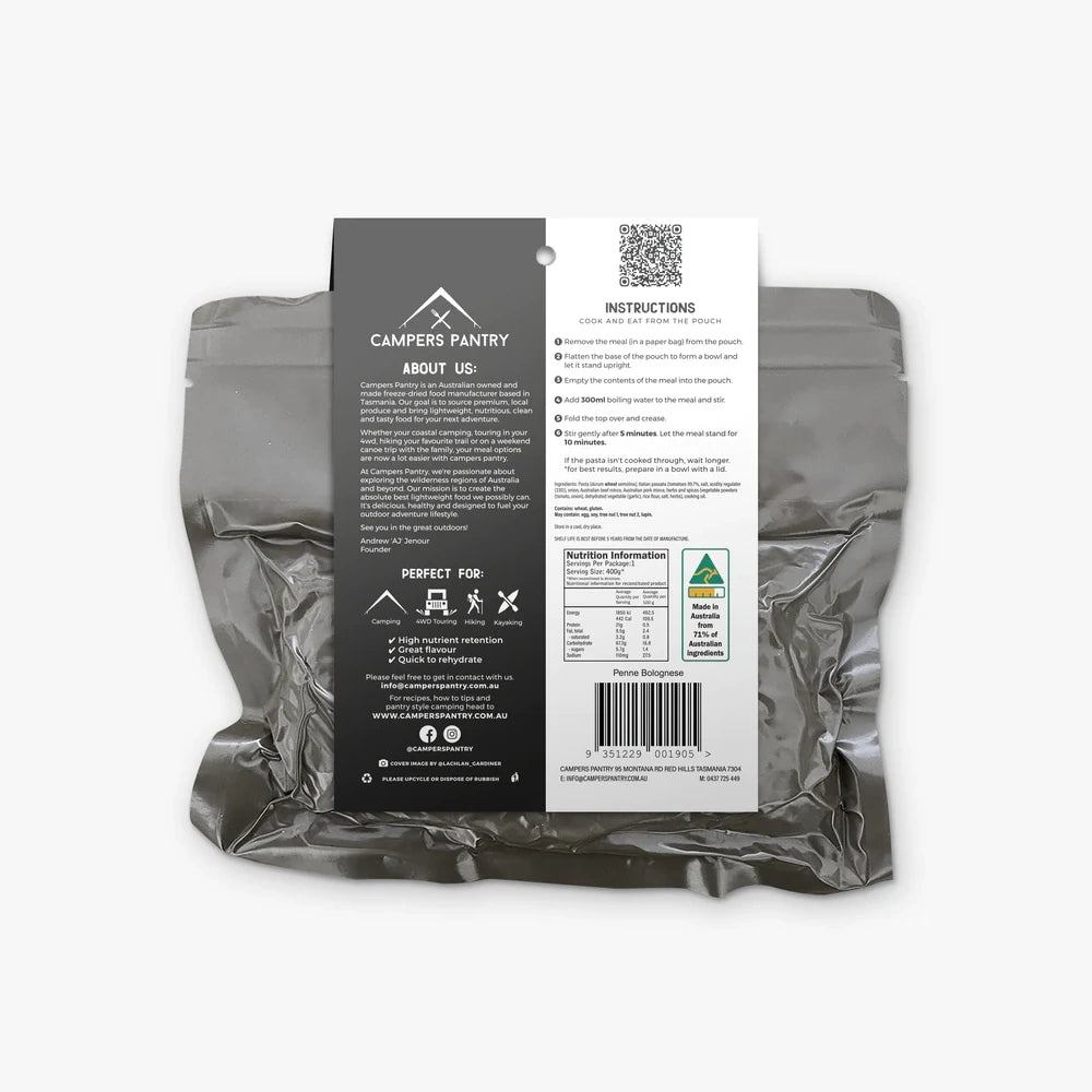 Back view of Campers Pantry Penne Bolognese Expedition packet