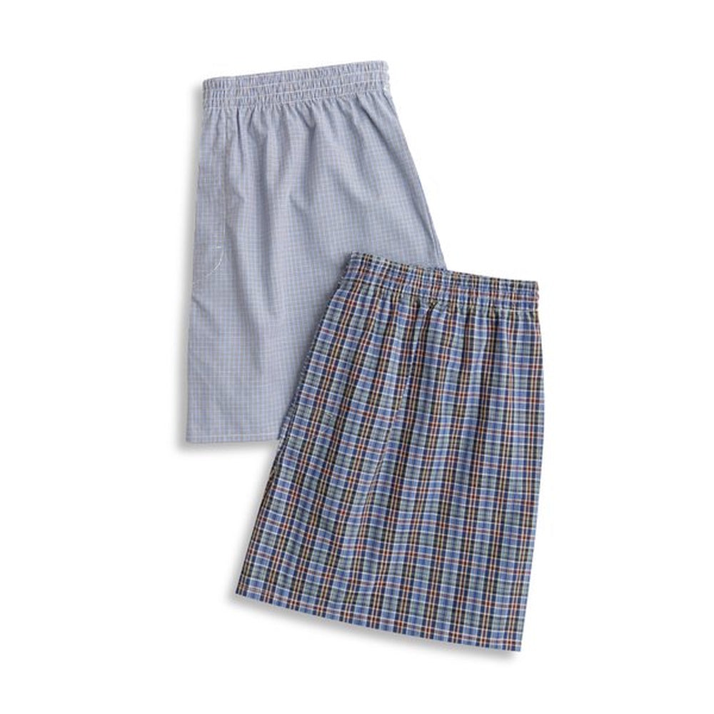 Two pairs of cotton boxer shorts, one in solid light blue color and the other in a multicolor plaid pattern.