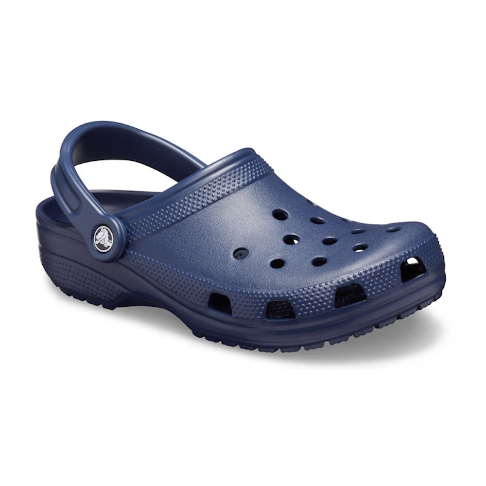 A navy blue Crocs Classic Clog with ventilation ports and a pivoting heel strap.