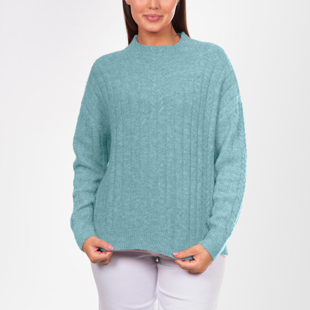 Fields Womens Funnel Neck Cable Pullover in Sage