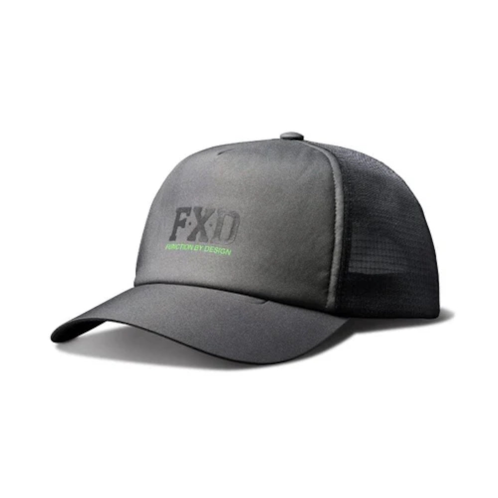 A Titanium FXD Tech CP-13 trucker cap with a mesh back and an adjustable snap-back design.