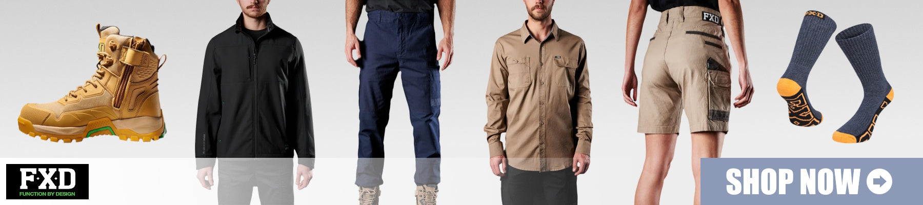 FXD banner, featuring: a work boot, socks, male model wearing a Black jacket, male model wearing work pants, male model wearing Khaki work shirt and a female model wearing Khaki shorts