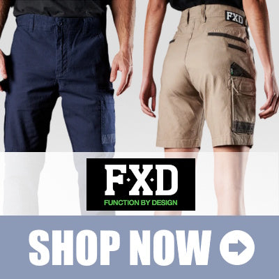 Small FXD shop now image showing the back of a male & female model each wearing FXD shorts.