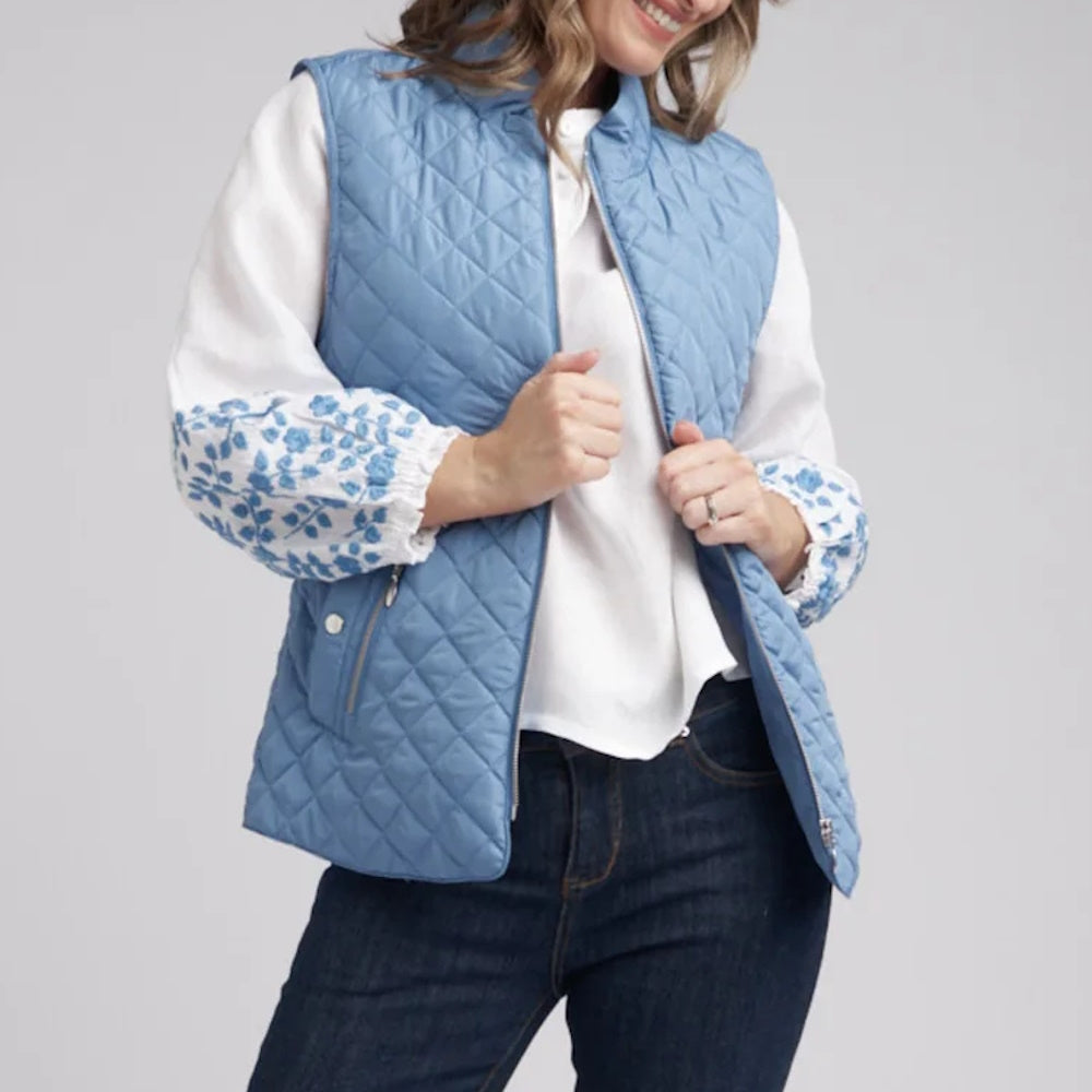 Front of Goondiwindi Original Quilted Vest in Denim Blue