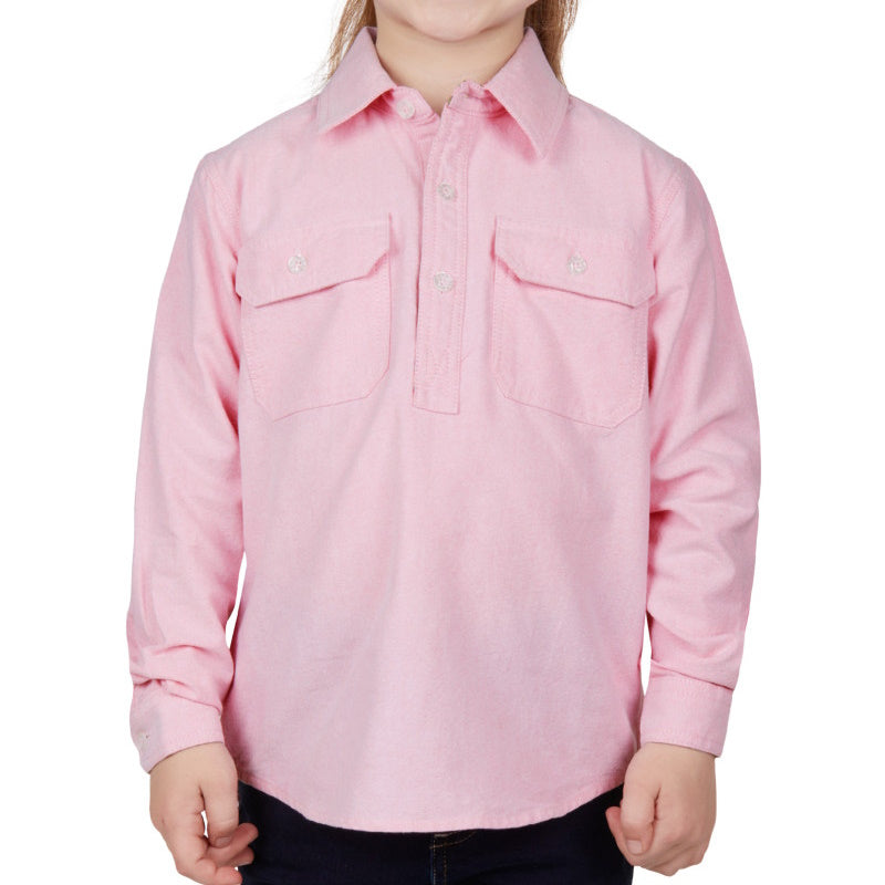 Front of Hard Slog Kids Jas Half Placket Long Sleeve Shirt in Pink