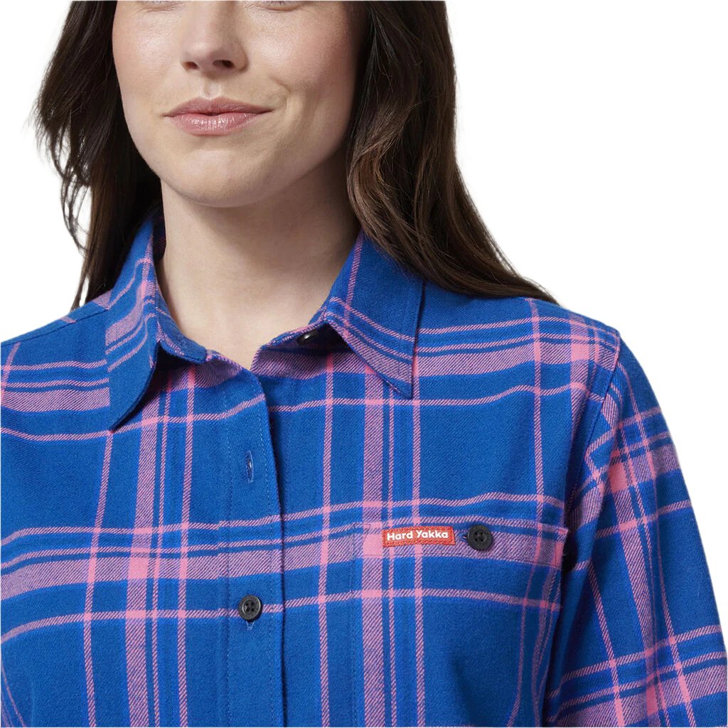 Close up of Hard Yakka Womens Check Flannel Shirt in Blue