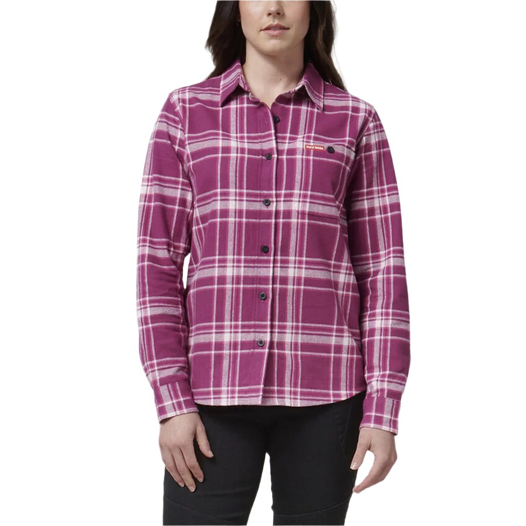 Front view of Hard Yakka Womens Check Flannel Shirt in Plum