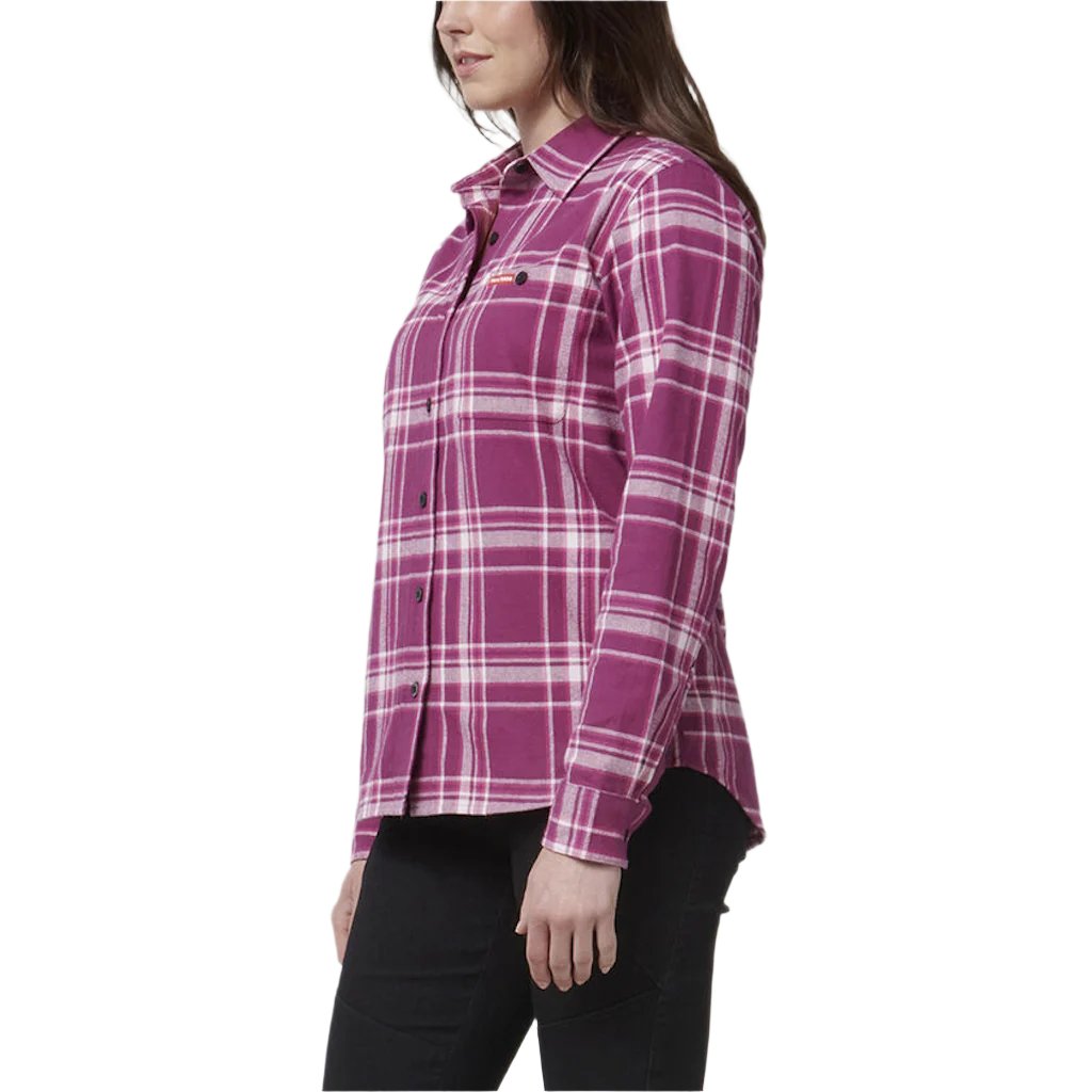 Side view of Hard Yakka Womens Check Flannel Shirt in Plum