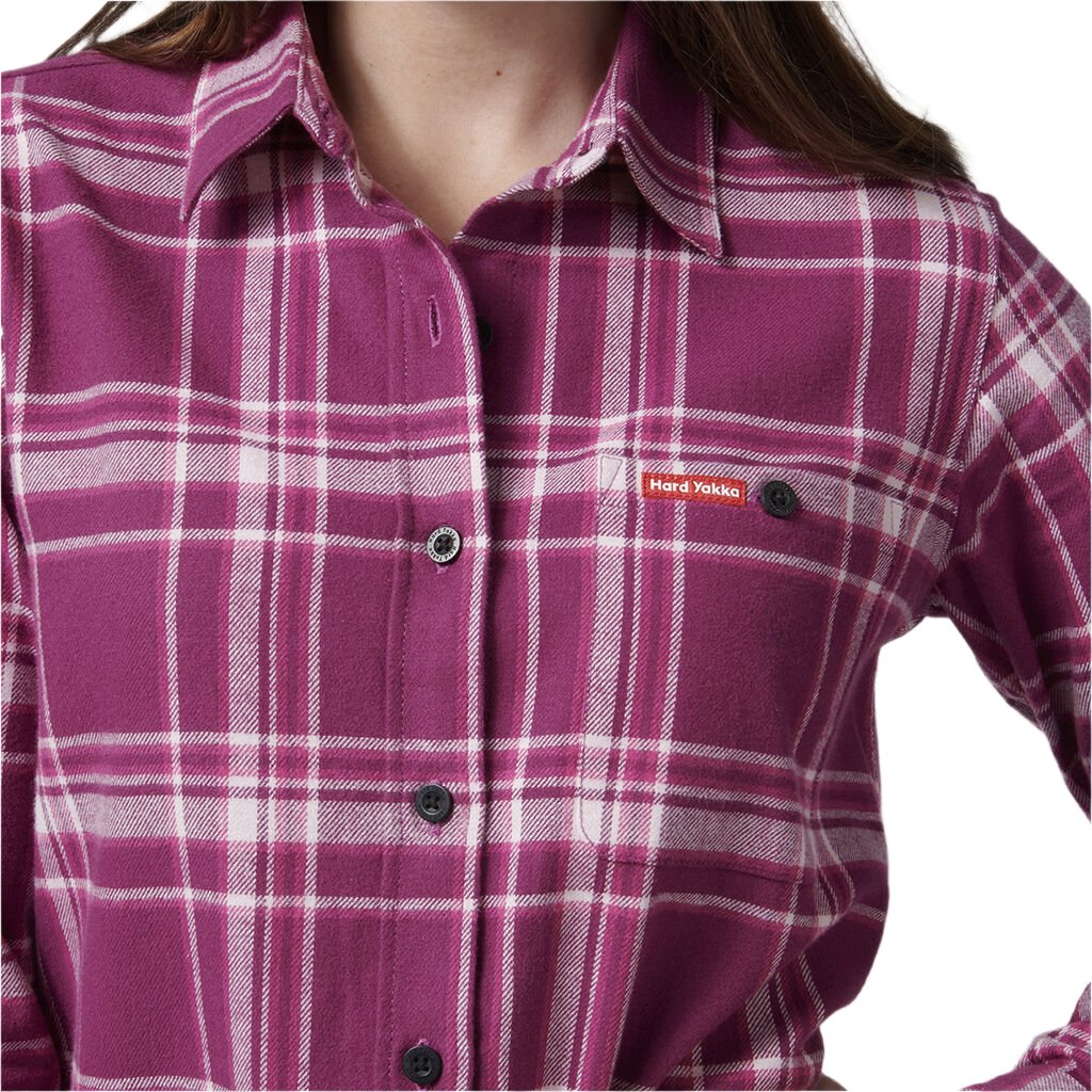 Close up of Hard Yakka Womens Check Flannel Shirt in Plum