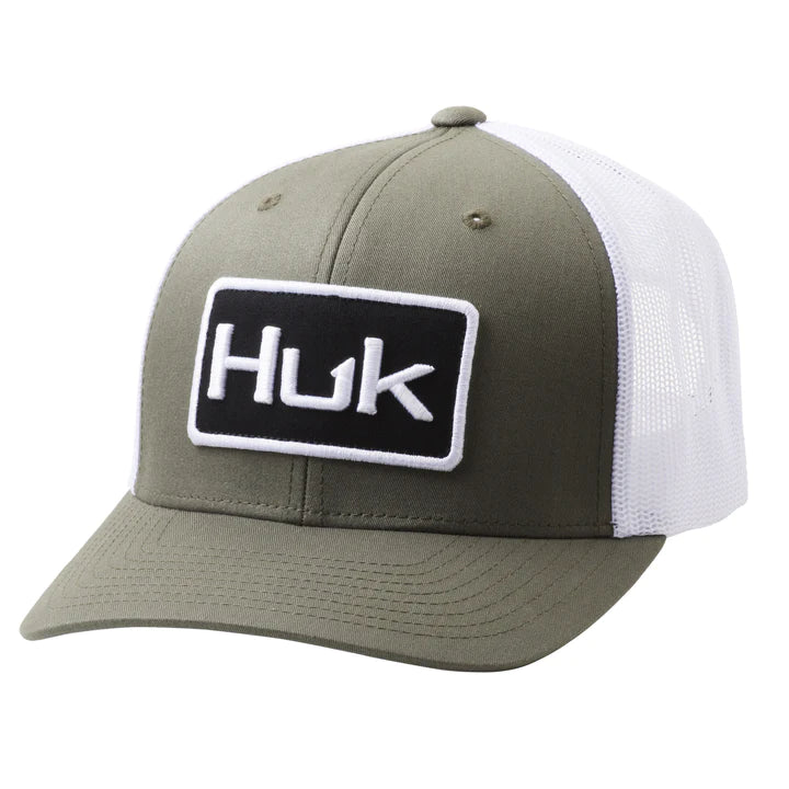 Front of Huk Solid Trucker Cap in Moss