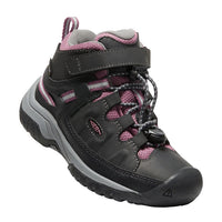 Front view of Keen Targhee Kids Mid Waterproof Hiking Boot in Raven/Tulipwood