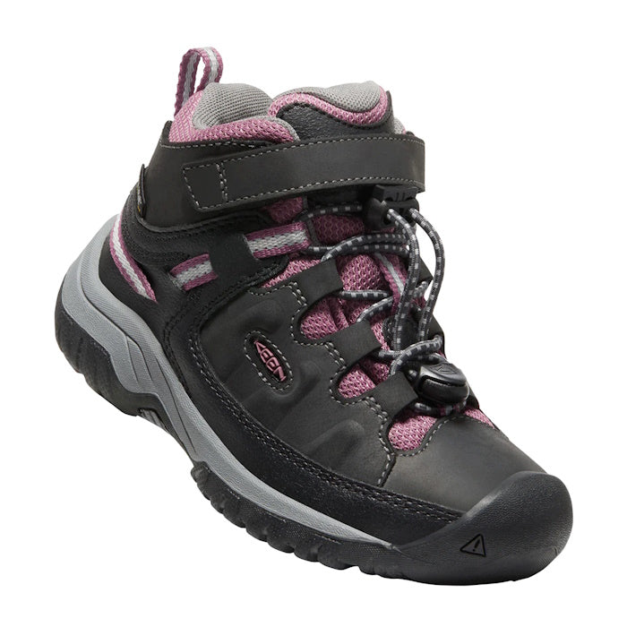 Front view of Keen Targhee Kids Mid Waterproof Hiking Boot in Raven/Tulipwood