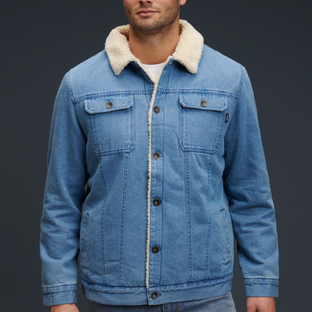 Front view of buttoned up KingGee Urban Denim Jacket in Indigo