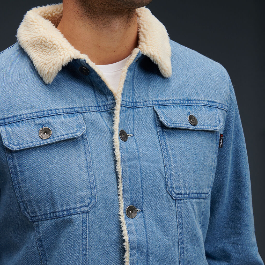 Close up of KingGee Urban Denim Jacket in Indigo