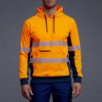 Front view of KingGee Hi Vis Reflective Pullover Hoodie in Orange/Navy