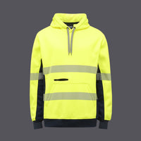 Front view of KingGee Hi Vis Reflective Pullover Hoodie in Yellow/Navy