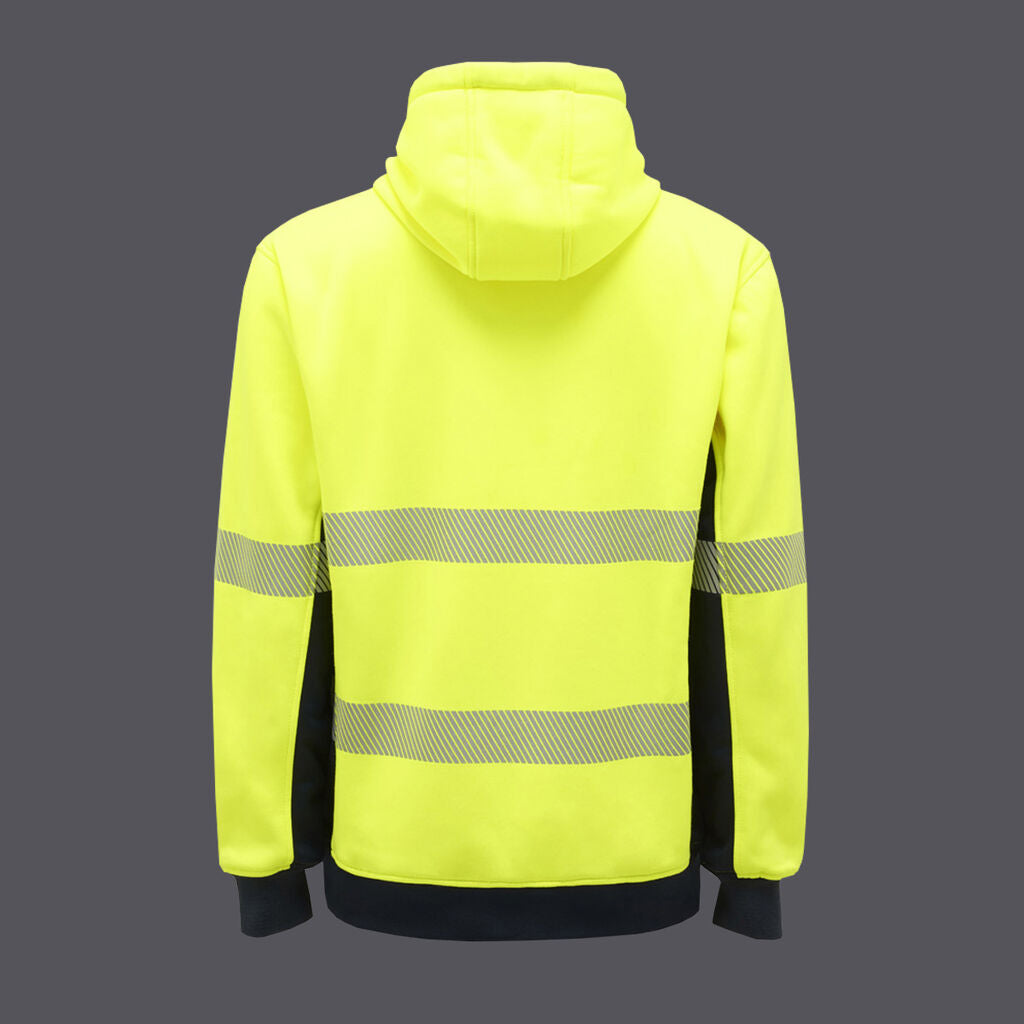 Back view of KingGee Hi Vis Reflective Pullover Hoodie in Yellow/Navy