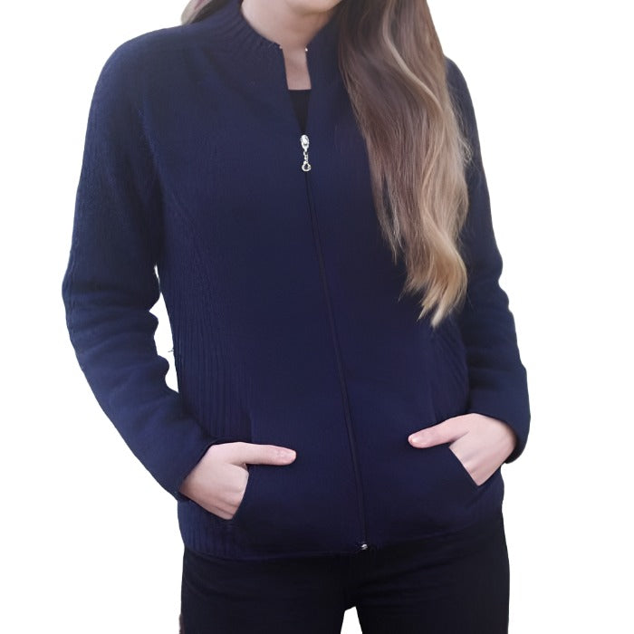 Lothlorian Womens Possum Merino Rib Detail Full Zip Jacket in Midnight