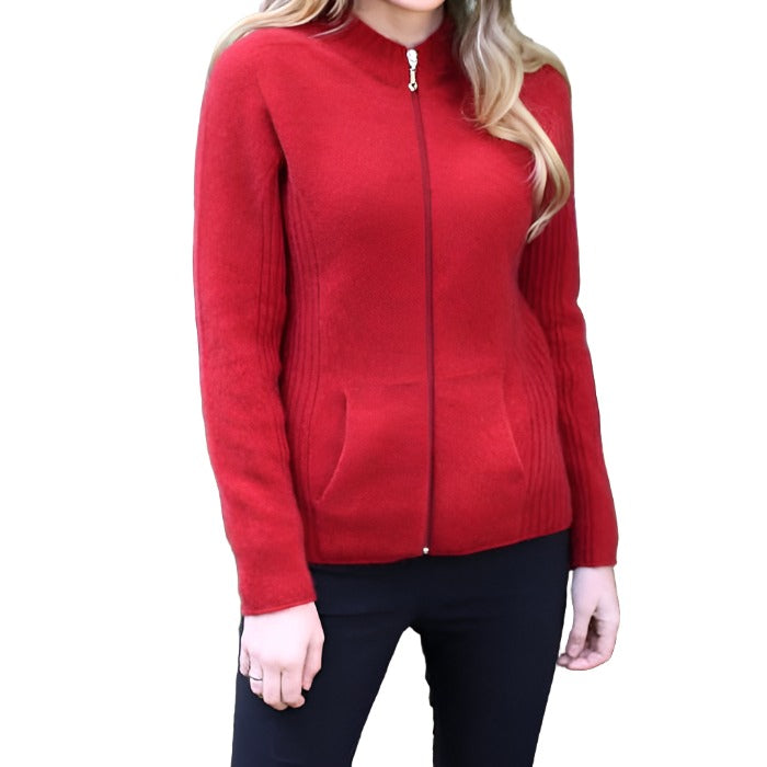 Lothlorian Womens Possum Merino Rib Detail Full Zip Jacket in Red