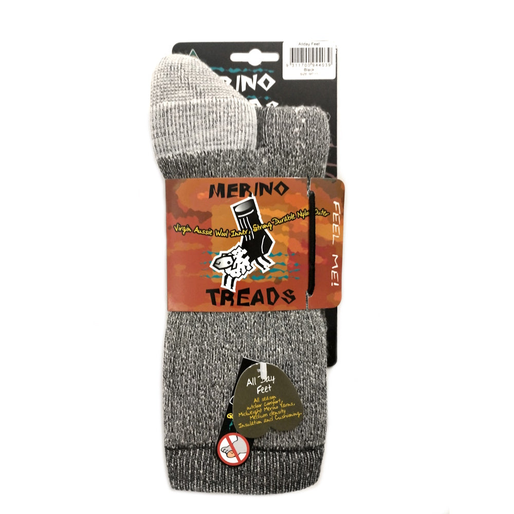 Merino Treads Allday Feet Socks With White Inner in Black
