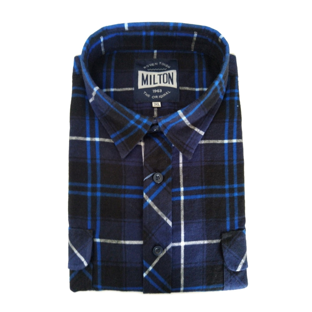 Milton Mens Half Button Flannelette Shirt in Black/Navy/Royal
