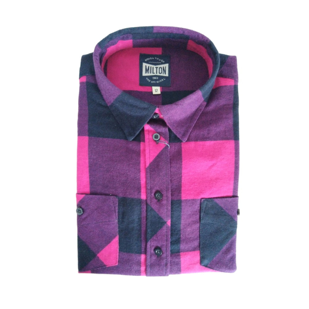 Milton Women's Full Button Flannelette Shirt in Navy/Pink