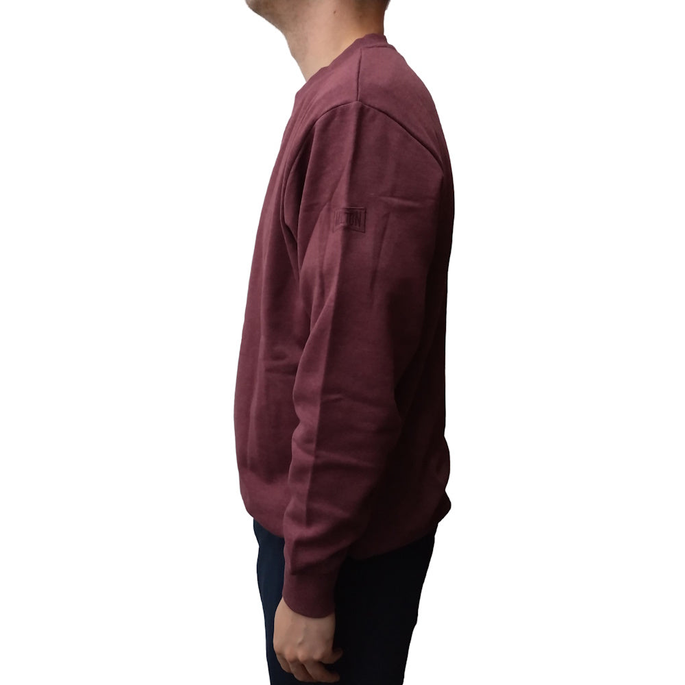 Side of model wearing Burgundy Milton Mens Crew Neck Top