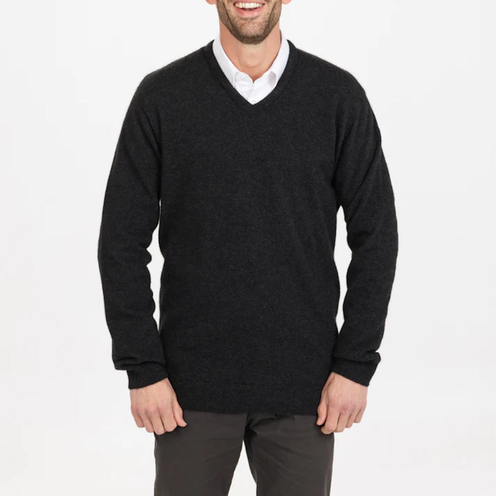 Native World Mens Vee Neck Plain Knit Sweater in Charcoal