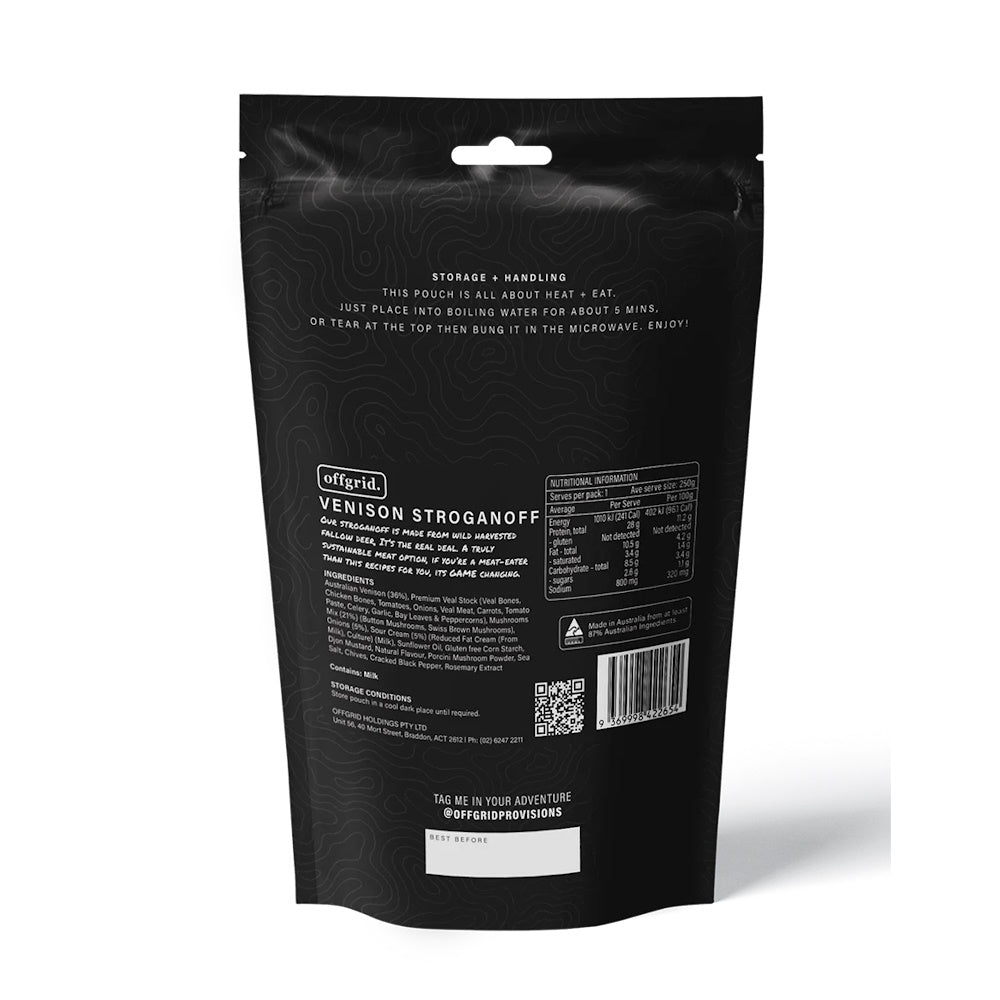 Back of Offgrid Venison Stroganoff Packet