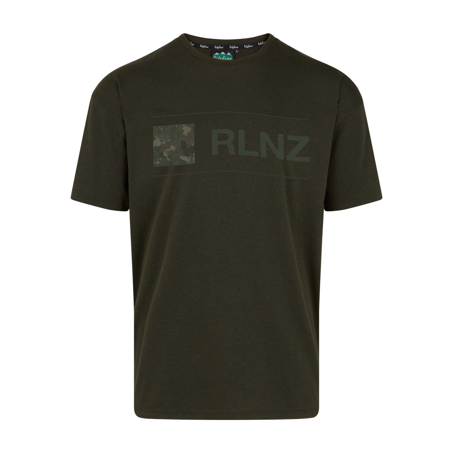 Dark green Ridgeline t-shirt with 'RLNZ' logo