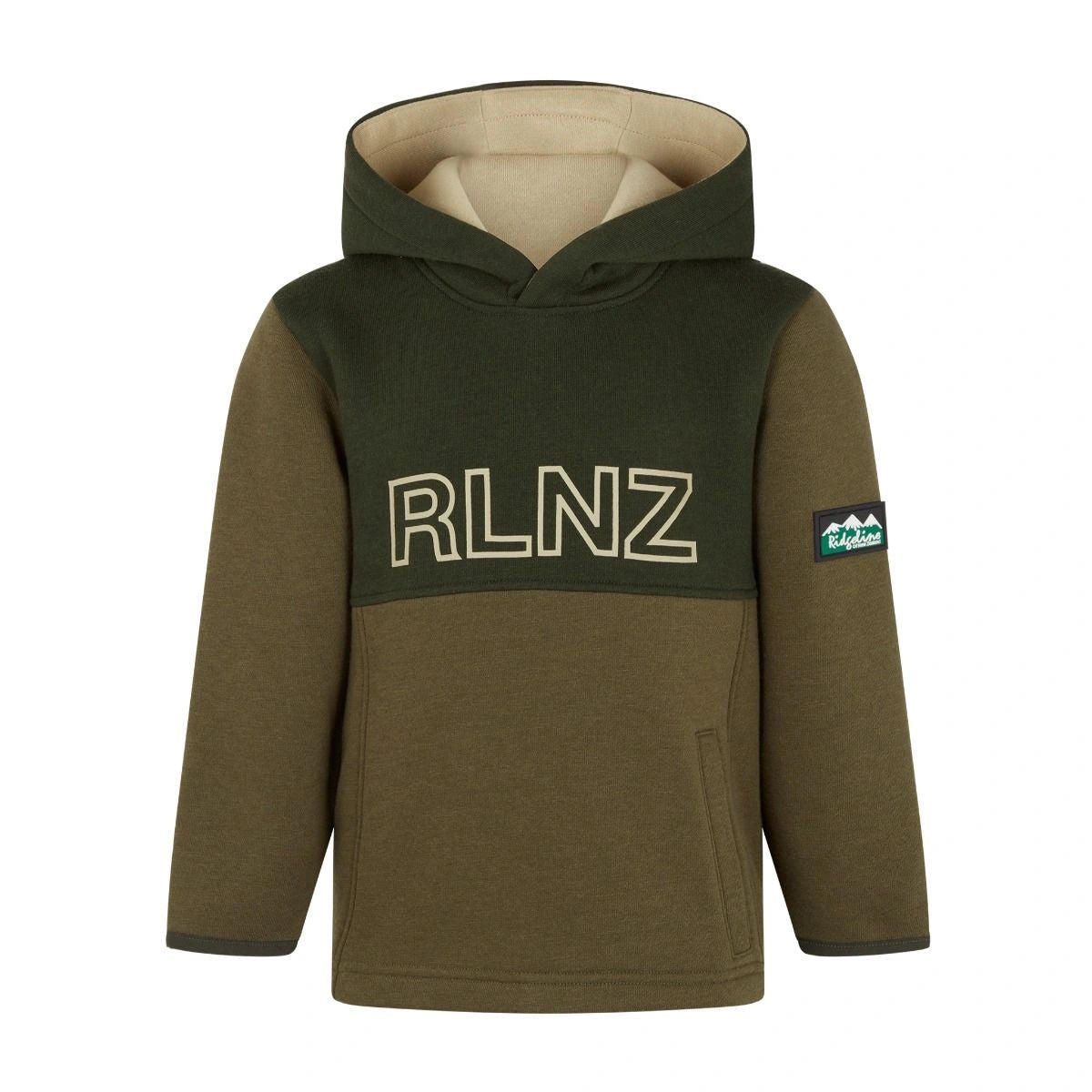 Green Ridgeline kids hoodie with 'RLNZ' branding on a white background