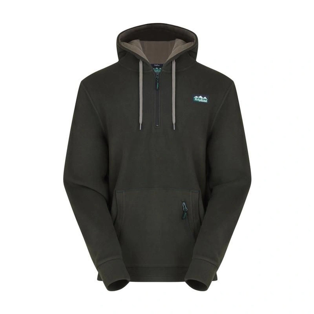 Deep Forest Green Ridgeline Men's Ballistic Fleece hoodie with a zip-neck, adjustable hood, thumb loops, and a kangaroo pocket.