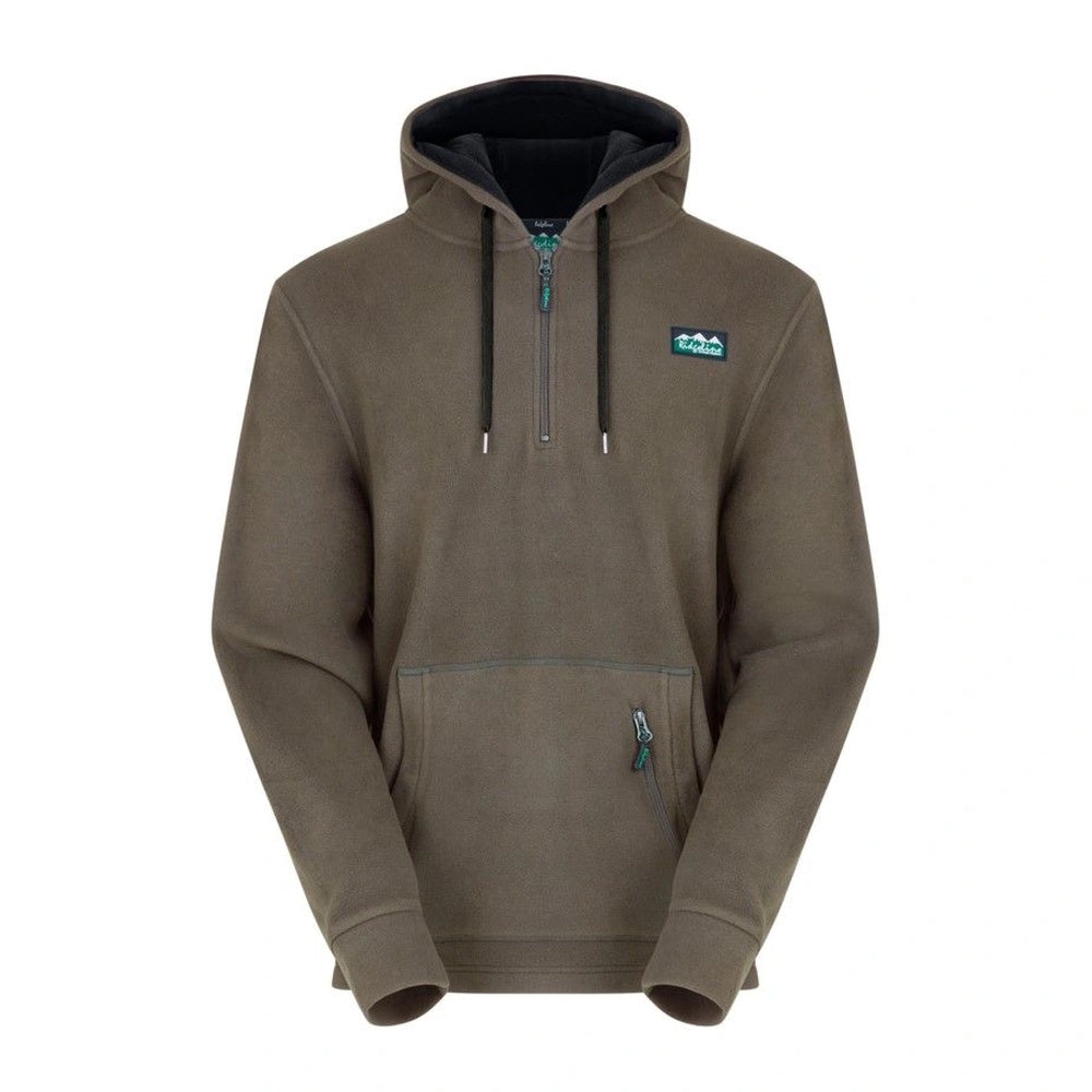 Smokey Olive Ridgeline Men's Ballistic Fleece hoodie with a zip-neck, adjustable hood, thumb loops, and a kangaroo pocket.