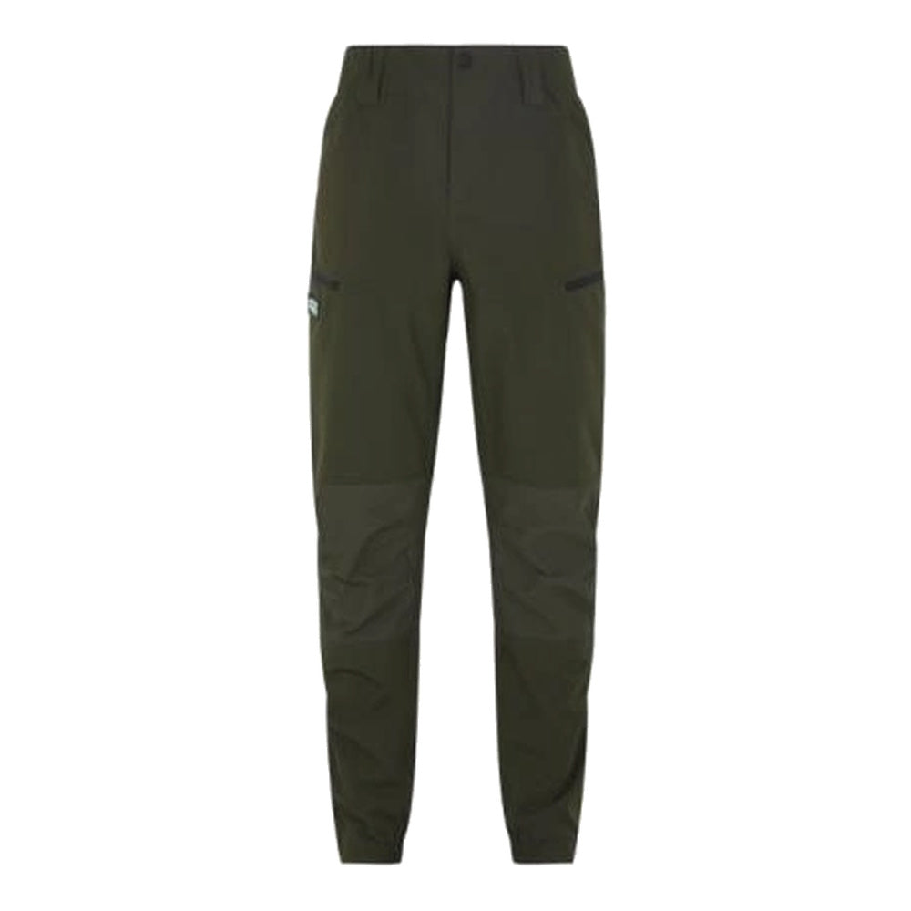 A pair of Deep Forest Green Ridgeline Men's Cambrian Trousers with hand pockets, cargo pockets, and side vents.