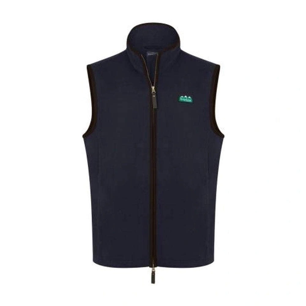 A navy blue Ridgeline Men's Monarch Gilet with a high collar, two zipped hand pockets, and a two-way front zip.