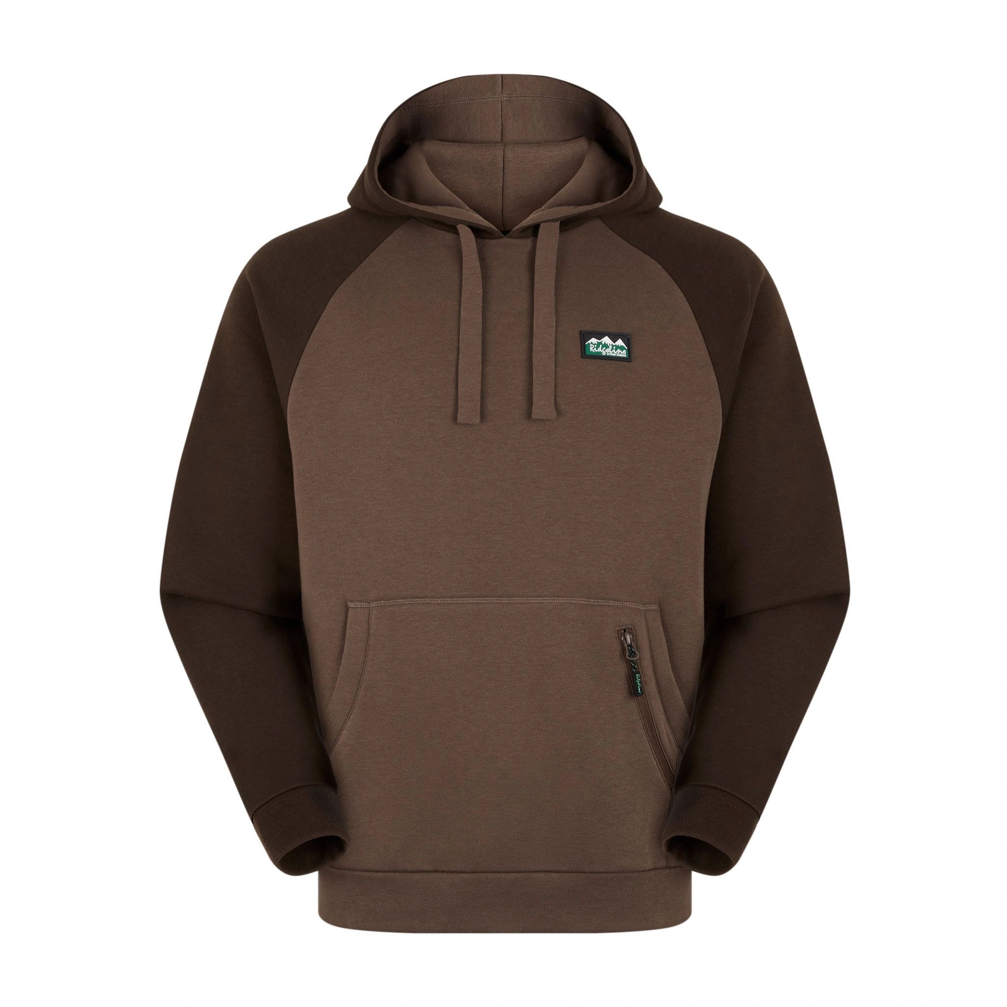 A brown Ridgeline men's hoodie with a kangaroo pocket and a small zipped valuables pocket on the front, featuring a hood and a brand logo on the upper left.