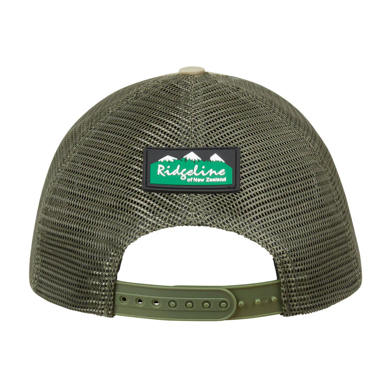 Back of Olive Ridgeline RLNZ Trucker Cap