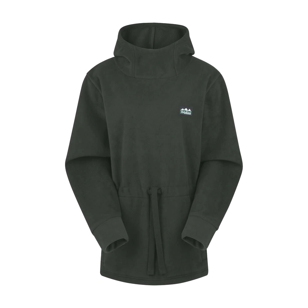 A Ridgeline olive fleece sweatshirt with a high collar, hood, and drawcord waist, featuring two hand pockets.
