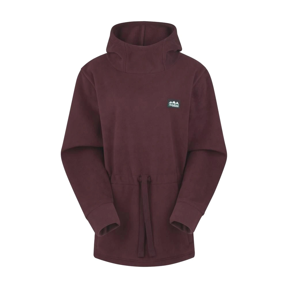 A dark red women's Ridgeline fleece sweatshirt with a high collar, hood, and drawcord waist, featuring two hand pockets.
