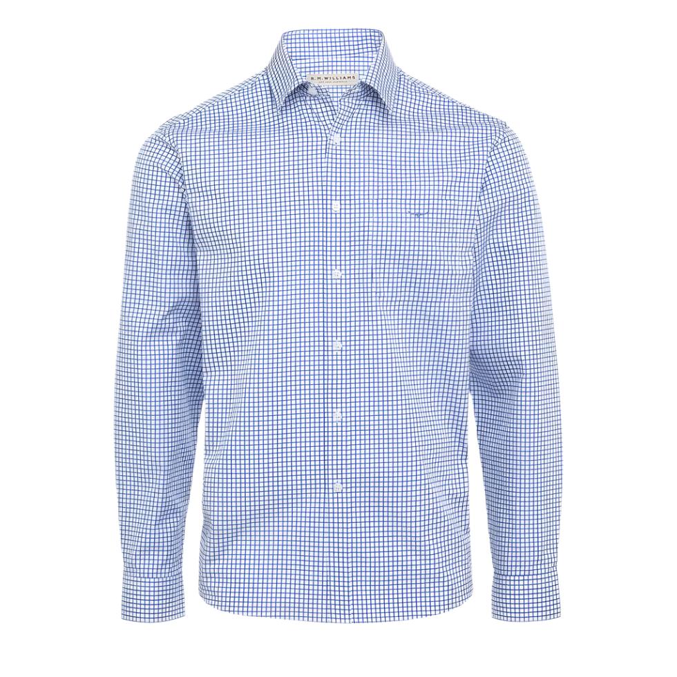 R.M.Williams Mens Collins Button Down Long Sleeve Shirt Regular Fit in White/Blue