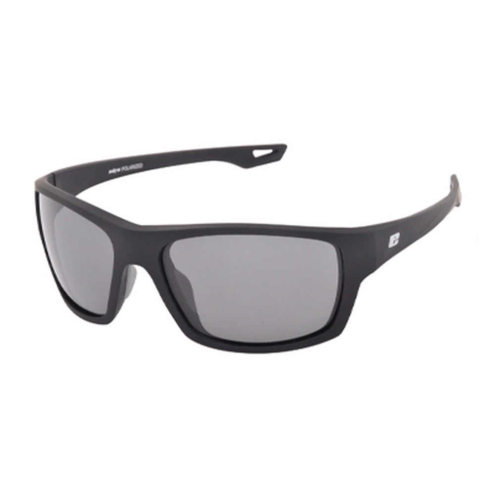 A pair of black wraparound sunglasses with polarized smoke tint lenses.