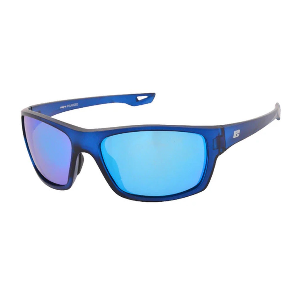 A pair of Euro Bondi polarised blue mirror lens sunglasses with a wraparound design and blue frames.