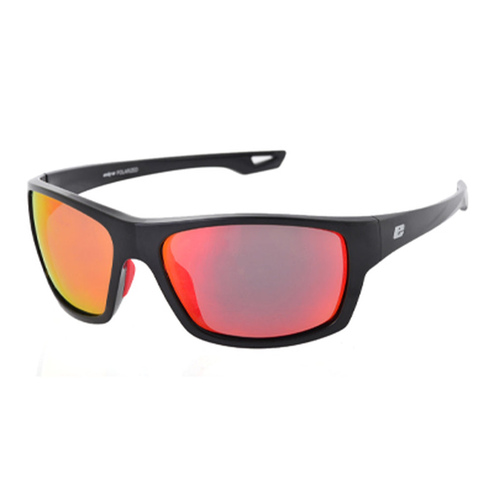 A pair of black frame Euro sunglasses with red mirrored polarised lenses
