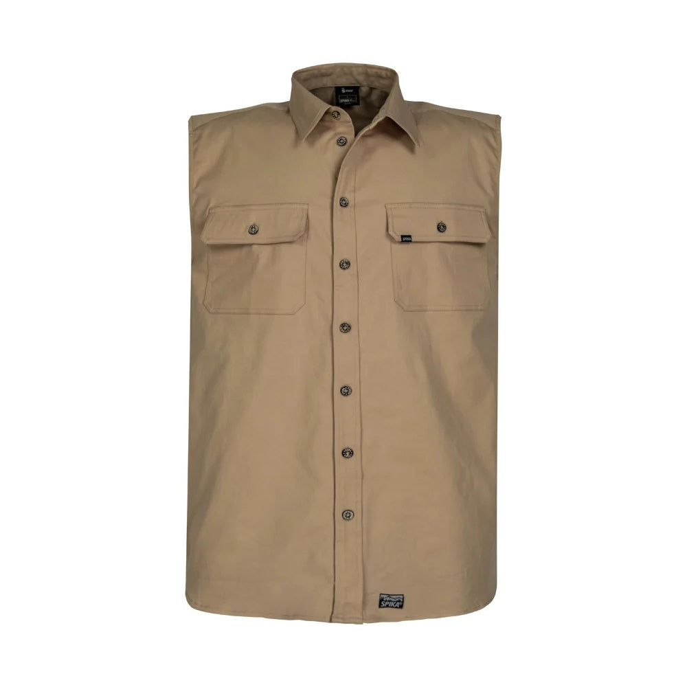 Front view of Spika Mens GO Sleeveless Work Shirt in Tan