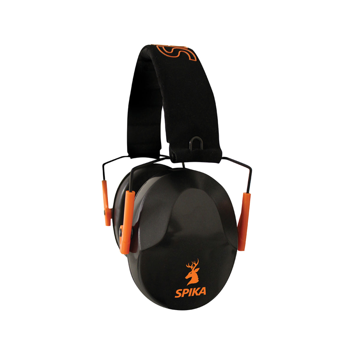 Black and orange ear protection with Spika logo