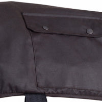 Close up of Styx Mill Oilskin Brown Lined Dog Coat