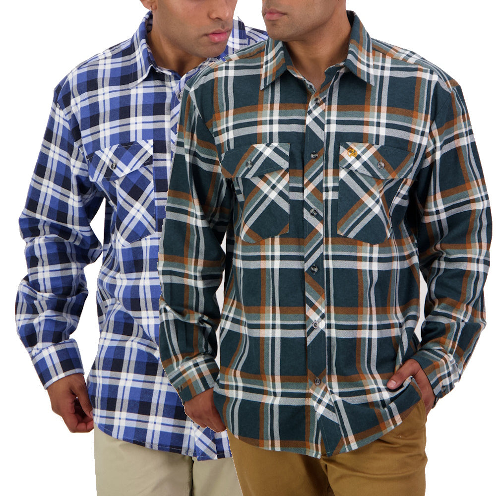 Swanndri Mens Egmont Full Button Flannelette Shirt Twin Pack in Mide Blue & Deep Green