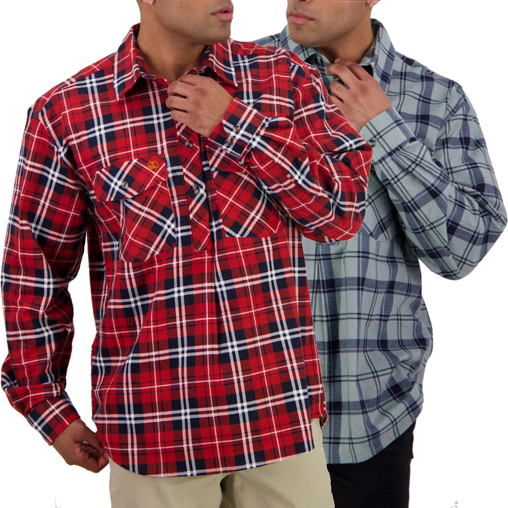 Swanndri Mens Egmont Half Button Flannelette Shirt Twin Pack in Rata & Sage